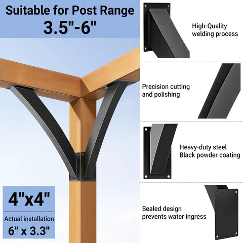 Heavy Duty Arc 45 Degree Pergola Bracket Kit For 4x4 Posts Built Tough Wood Post And Beam Support Brackets 2 Pack Ideal For Gazebos Decks Porches Log Cabins And More with steel arc brackets on wooden beam and post details.