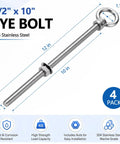 Heavy Duty 304 Stainless Steel Eye Bolts With Nuts Four Pack displaying 12 inch length, 1/2 inch diameter for rigging use.