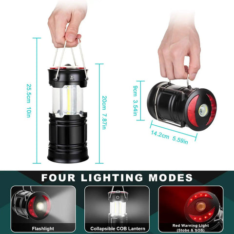 4 Pack COB LED Lanterns For Camping, Power Outages, And Emergency Prep dimensions and four lighting modes shown.