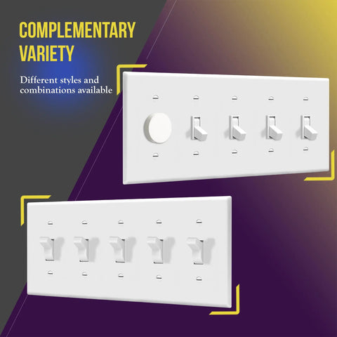 Five Gang Toggle Light Switch Wall Plate With Gloss Finish Built To Last Tough As Nails Durable Unbreakable Polycarbonate Thermoplastic 4.5 By 10.03 Inches Heat And Fade Resistant UL Listed White, showing complementary variety.