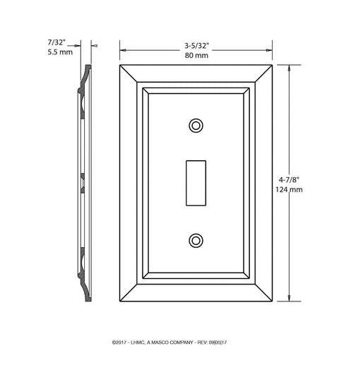 Decorative Matte Black Light Switch Cover Wall Plate 1-Gang Toggle Guard, solid zinc, architectural style with measurements.