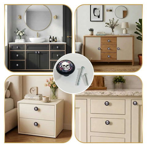 4 Pack Gothic Floral Skull Cabinet Knobs Dope Acrylic Round Drawer Pulls For Dresser Cupboard Wardrobe And Cabinets display