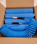 Five Pack Polyurethane Recoil Air Hose Kit Pro Grade With One Quarter Inch Inner Diameter By Twenty Five Feet Self Coiling Bend Restrictor One Quarter Inch Quick Connect Coupler And Plug Blue in box