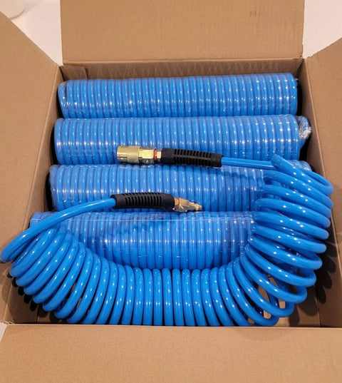Five Pack Polyurethane Recoil Air Hose Kit Pro Grade With One Quarter Inch Inner Diameter By Twenty Five Feet Self Coiling Bend Restrictor One Quarter Inch Quick Connect Coupler And Plug Blue in box