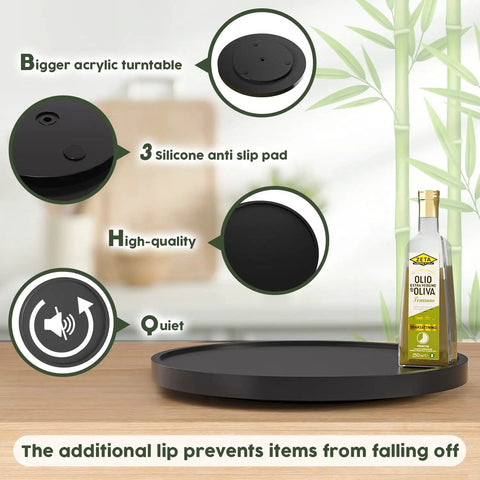 Your Go To Non Skid Bamboo Lazy Susan Turntable For Kitchen Countertops And Tables 13.2 Inch Wood Organizer In Black with features