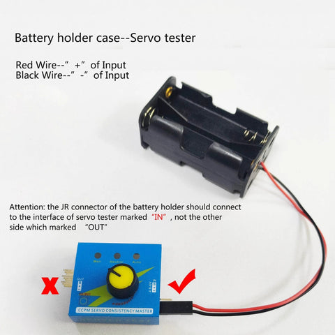 Front view of blue CCPM servo tester module with yellow knob and LED indicators beside a black AA battery holder.