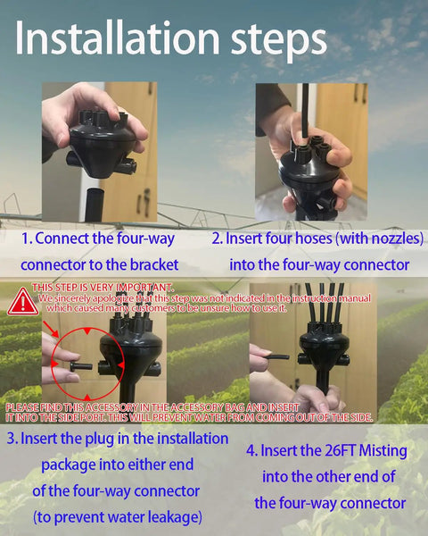 Installation steps for outdoor misting system with adjustable stand and 360° flexible hose ultra fine 0.5mm nozzles