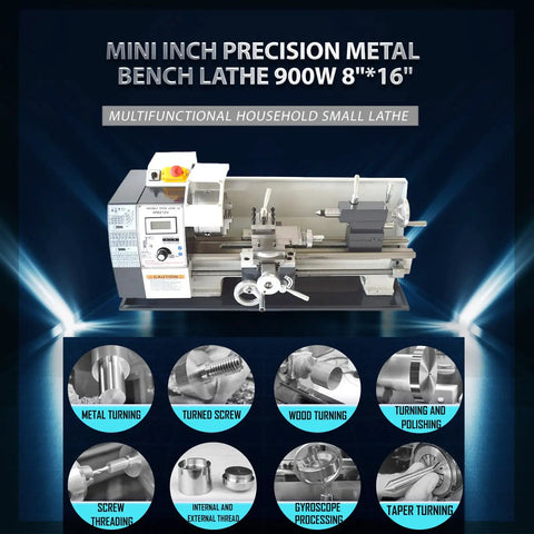 Compact Metal Bench Lathe Featuring A Beefy 8X16 Inch Bed And Mt5 Taper Powered By A Silky 900W Brushless Motor For Straight Up Precision Inch Threading And Tough Diy Turning Jobs That Run Like A Champ, showcasing metal turning functions.