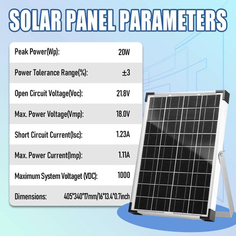 Monocrystalline 20W 12V/24V Solar Panel Kit With Trickle Charger Maintainer And 10A PWM Charge Controller Adjustable Mount Bracket detailed parameters.