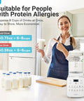 Woman holding glass next to 12 In 1 Nut Milk Maker With Detachable Design For Almond Oat Soy And Plant Milks In Minutes 50.7 Oz Capacity