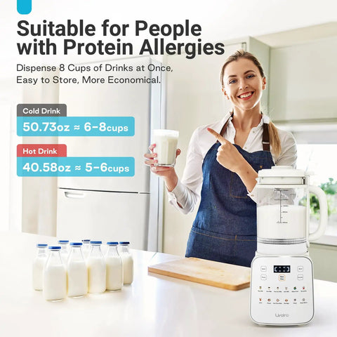 Woman holding glass next to 12 In 1 Nut Milk Maker With Detachable Design For Almond Oat Soy And Plant Milks In Minutes 50.7 Oz Capacity
