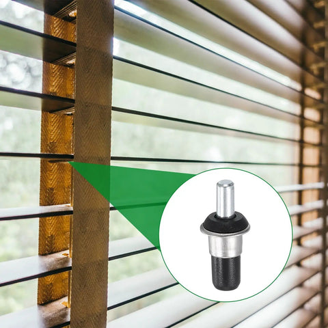 Top Shelf Spring Loaded Shutter Repair Pins 60 Piece Set Black Durable Steel Replacement Fasteners For Plantation Shutters Window Blinds Cabinet Doors With Sleeves Quick Fix Home Upgrades installed in window blinds close-up view.