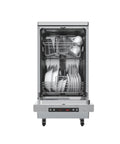 No Sweat Portable Dishwasher In Brushed Platinum Steel Compact Countertop Appliance Featuring Eight Place Settings Basket Tray and Whisper Quiet Cycle For Breezy Daily Washing with clean dishes inside.