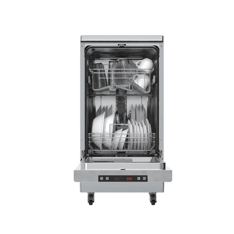 No Sweat Portable Dishwasher In Brushed Platinum Steel Compact Countertop Appliance Featuring Eight Place Settings Basket Tray and Whisper Quiet Cycle For Breezy Daily Washing with clean dishes inside.