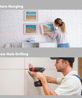 ProTap 2-in-1 Laser Measure & Line Laser 393 FT used for picture hanging and screw hole drilling with laser guides.