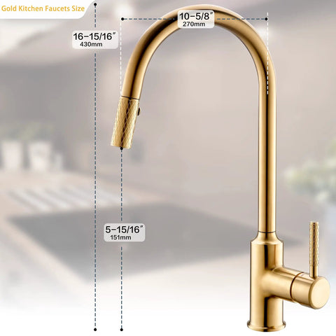 Gold High Arc Kitchen Faucet With Pull Down Sprayer, Single Handle, dimensions labeled, against blurred kitchen background