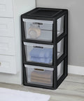 Three Drawer Storage Tower With Removable Clear Plastic Bins No Tools Needed Easy Setup Space Saver For Home Office Craft Room And Garage Transparent Drawers For Quick Item Lookup And Organized Chaos Control in black frame