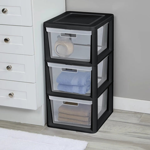 Three Drawer Storage Tower With Removable Clear Plastic Bins No Tools Needed Easy Setup Space Saver For Home Office Craft Room And Garage Transparent Drawers For Quick Item Lookup And Organized Chaos Control in black frame