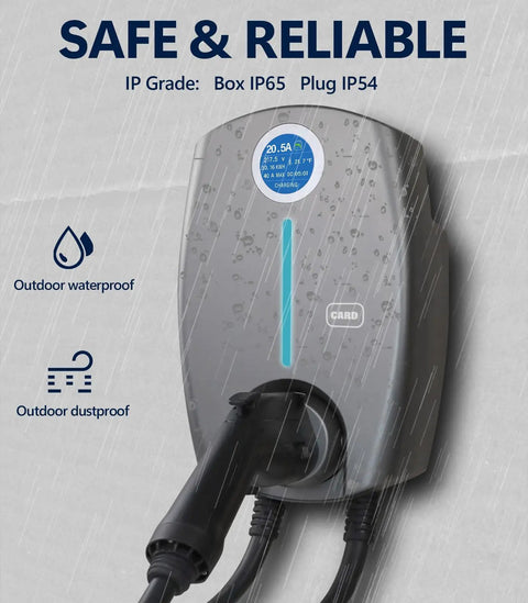 Rugged Outdoor Level 2 EV Charger Up To 40 Amps With NEMA 14 50 Outlet J1772 Compatible Fast Charging Station mounted in rain