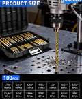Titanium Coated HSS Drill Bit Set, 100-Piece Pro Grade Master Kit in open case next to drill in use on metal surface
