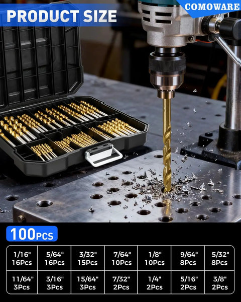 Titanium Coated HSS Drill Bit Set, 100-Piece Pro Grade Master Kit in open case next to drill in use on metal surface