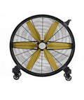 Heavy Duty Industrial Floor Fan 48 Inch Six Blade Air Circulator Mobile Wheeled Workshop Cooler, front view with yellow blades.