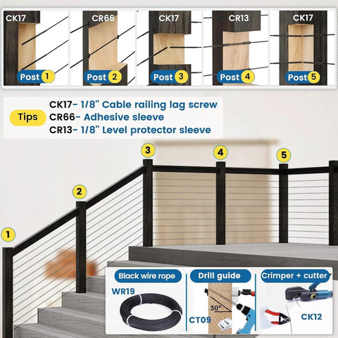 100 Pack Black One Eighth Inch Cable Railing Protector Sleeves Heavy Duty For Wood Posts T316 Stainless Steel Deck Cable Railing Hardware Kit layout with posts and tools.