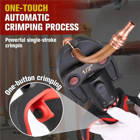 One-touch crimping feature on 18V Cordless Hydraulic Pipe Crimper Tool Kit With 3 Pro Press Jaws For Fast Copper And Stainless Steel Connections.