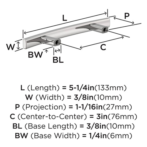 Diagram of Cyprus 3 Inch Center To Center Polished Chrome Cabinet Pulls Set Of 10 for Cabinets Drawers showing measurements and dimensions