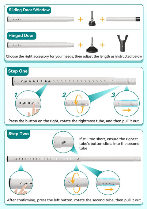 Assembly instructions for 2-In-1 Sliding Door Security Bar and Window Guard, Adjustable 16.5 to 48 Inches, No Tools Needed, White