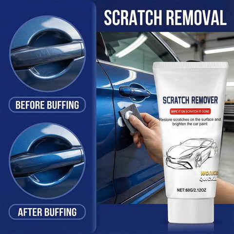 Using Low Effort No Fuss Deep Car Scratch Repair Paste For Easy DIY Auto Body Touch Up on blue car door with before and after effect