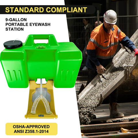 Portable Eye Wash Station With Wall Mount OSHA Approved Emergency Eye Wash Unit Includes Sign And Two Inspection Tags First Aid Units For Workplace Safety Job Site Ready 9 Gallon Bright Green.