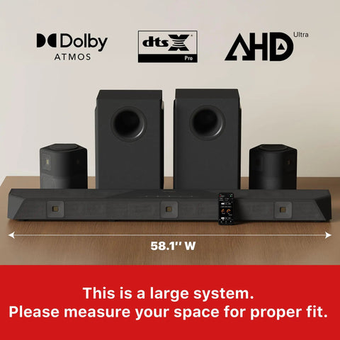 11.4.6 Channel Dolby Atmos DTS X Pro Surround Soundbar With Dual 8-Inch Opposed Subwoofers, Wireless Home Theater System, Pro Cinema Engine For Next Level Immersive Movie Nights, Big Bass And Crystal Clear Dialogue, 58.1-inch wide soundbar setup