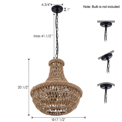 Dimensions of Rustic Hemp Rope Pendant Light With Handwoven Shade 3 Light Vintage Style Chandelier for Farmhouse.