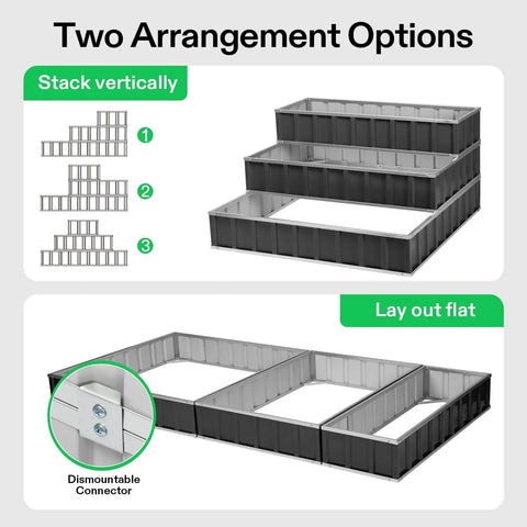 Three Tier Metal Raised Garden Bed 46 By 46 By 24 Inches Galvanized Steel Outdoor Planter Box Stair Step Design For Flowers Vegetables And Herbs Heavy Duty Garden Kit Includes Gloves And Scissors In Dark Gray with vertical and flat arrangement options.