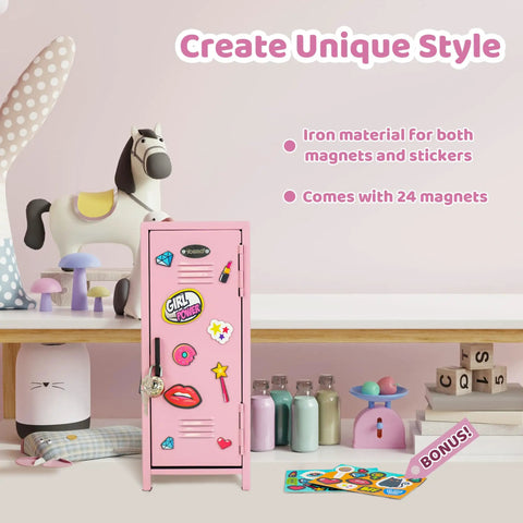 Pink Miniature Metal Locker With Secure Diary Lock And Two Keys For Hella Cute Desk Setup displaying magnets and stickers.