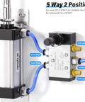 5 Way 2 Position Hand Pull Pneumatic Valve with 1/4 Inch NPT Ports, manual lever operated, showing vent, intake, and exhaust ports.
