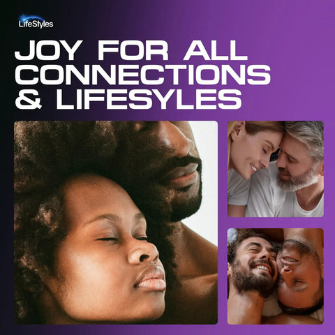 Diverse couples embracing, promoting Snugger Fit Latex Condoms With UltraGlide Lubricant for enhanced connection.