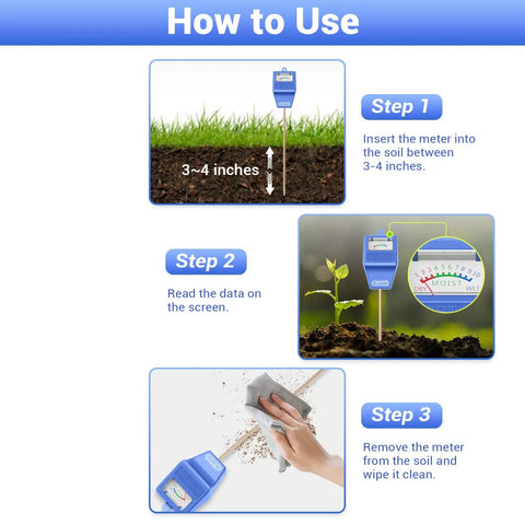 Practical Soil Moisture Meter For Plants And Garden Hygrometer Sensor step-by-step use guide with illustrations and instructions