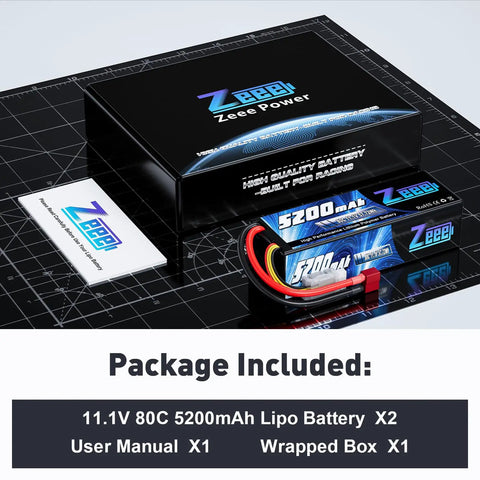 Beefy 3S 5200mAh 11.1V RC LiPo Battery Hard Case 80C With T Connector For RC Cars Boats Trucks Planes Helicopters Racing Models 2 Pack, packaging contents
