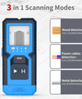 Stud Finder Wall Scanner display showing 3 in 1 scanning modes for wood, metal, and power cables with measurement details.