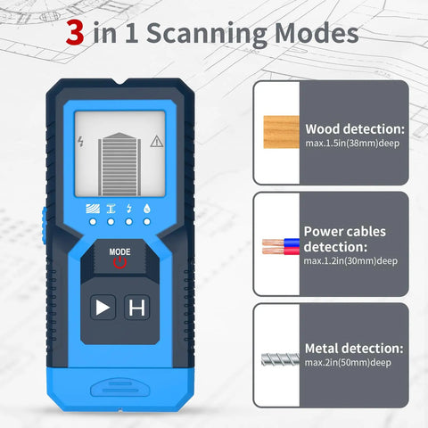 Stud Finder Wall Scanner display showing 3 in 1 scanning modes for wood, metal, and power cables with measurement details.