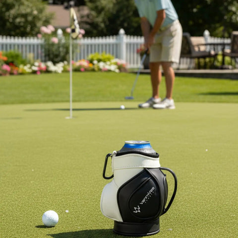 Two In One Golf Drink Holder Set With A 14oz Insulated Tumbler That Fits Cans And Bottles Keeps Mixed Drinks Cold On The Green A Dope Golf Accessory Gift For Men And Women shown on putting green, mini golf bag design visible.