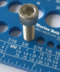 Marine-Grade Nut Bolt And Screw Gauge For Standard And Metric Sizes Coarse And Fine Diameters Length And Thread Pitch Blue Go-To Gauge For Quick Fitment And Accurate Measurements with stainless steel bolt on top.