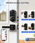 Top Shelf Fingerprint Smart Lock With Heavy Duty Lever Handles Set In Matte Black, showcasing touchscreen and PIN entry options.