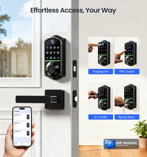 Top Shelf Fingerprint Smart Lock With Heavy Duty Lever Handles Set In Matte Black, showcasing touchscreen and PIN entry options.
