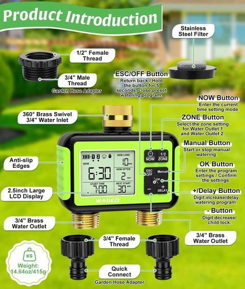 Brass Inlet And Outlet Sprinkler Timer For Garden Hose, 2 Zone Outdoor Water Timer With Rain Delay No Fuss Auto Manual Child Lock interface