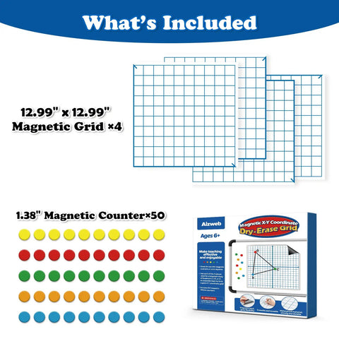 Magnetic XY Coordinate Dry Erase Grid For Classrooms 26 By 26 Inches Graph Board With Counters set contents