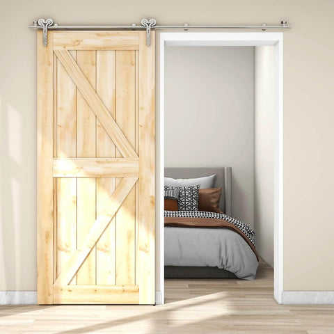 6 Foot Barn Door Hardware Sliding Track Kit in Stainless Steel built tough for single wood door with Y shape hanger installed