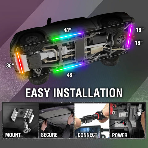 Underglow DreamColor Chasing Lights For Car With App And Remote Control showing installation on vehicle underside